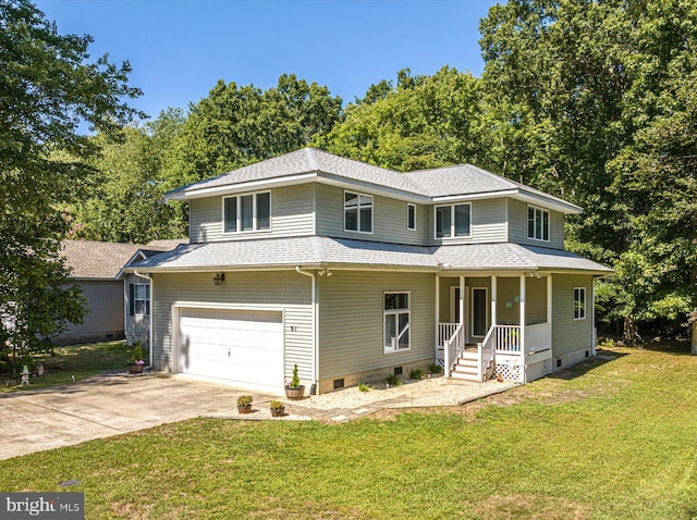 view of front facade featuring a garage, a porch, and a front lawn