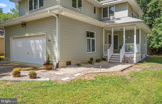 exterior space featuring a garage, a lawn, covered porch, roof with shingles, and crawl space