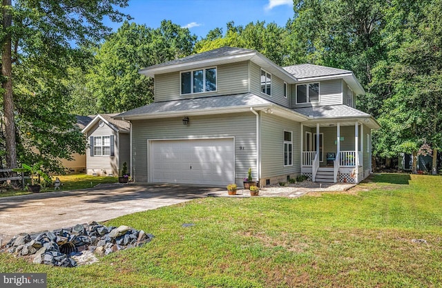 traditional-style house with a front lawn, an attached garage, covered porch, and a shingled roof