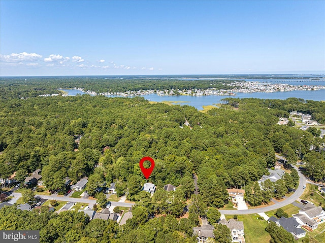 birds eye view of property with a forest view and a water view