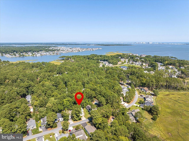 birds eye view of property featuring a wooded view and a water view