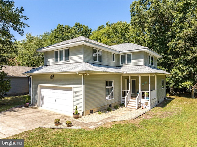 view of front facade featuring a garage, a front yard, and a porch