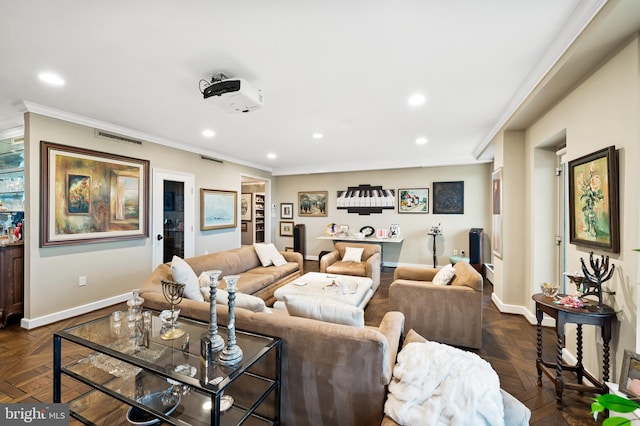 living room with crown molding and dark parquet flooring