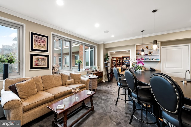 living room with a bar, recessed lighting, built in features, and ornamental molding