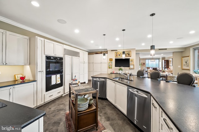 kitchen with hanging light fixtures, white cabinetry, dishwasher, double oven, and sink