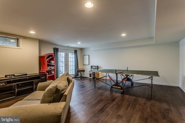 rec room featuring dark hardwood / wood-style floors and french doors