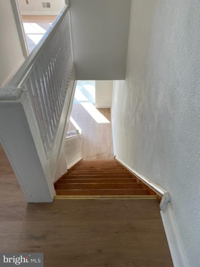 staircase featuring wood-type flooring