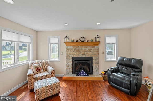 living room with hardwood / wood-style flooring and a stone fireplace