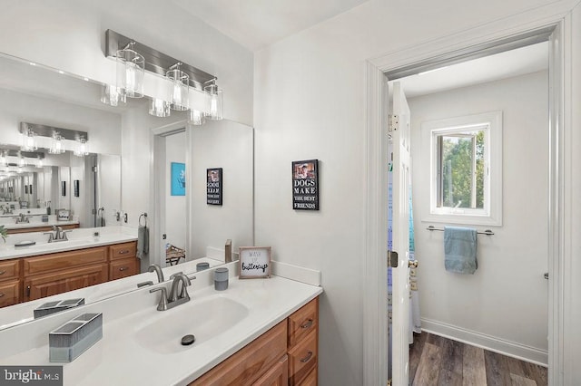 bathroom with wood-type flooring and vanity