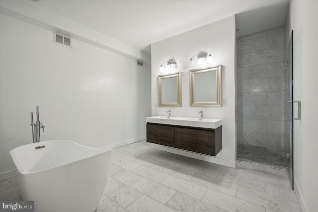 bathroom with vanity and plus walk in shower