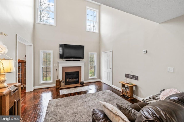 6330 Kleineidam Way, Spotsylvania, VA 22551 - living room with baseboards, dark wood-style floors, a tiled fireplace, and plenty of natural light
