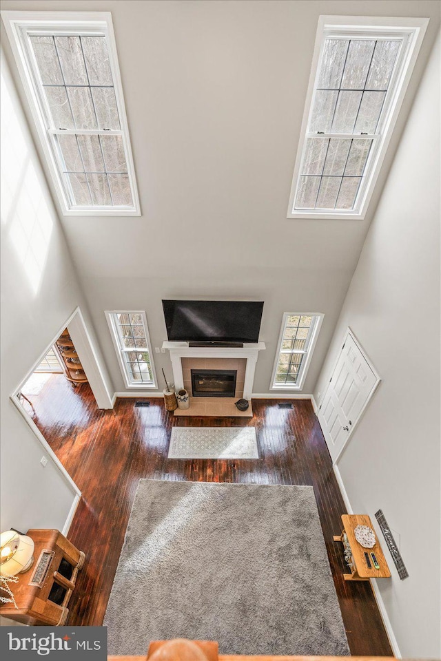 6330 Kleineidam Way, Spotsylvania, VA 22551 - living room with baseboards, a fireplace, wood-type flooring, and a high ceiling