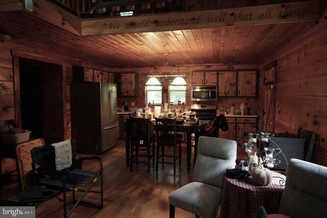 dining room featuring hardwood / wood-style flooring, wooden walls, a chandelier, and wooden ceiling