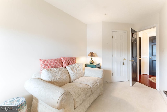 sitting room with carpet floors