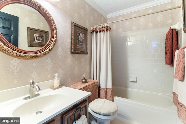 full bathroom featuring vanity, a textured ceiling, shower / bath combo, ornamental molding, and toilet