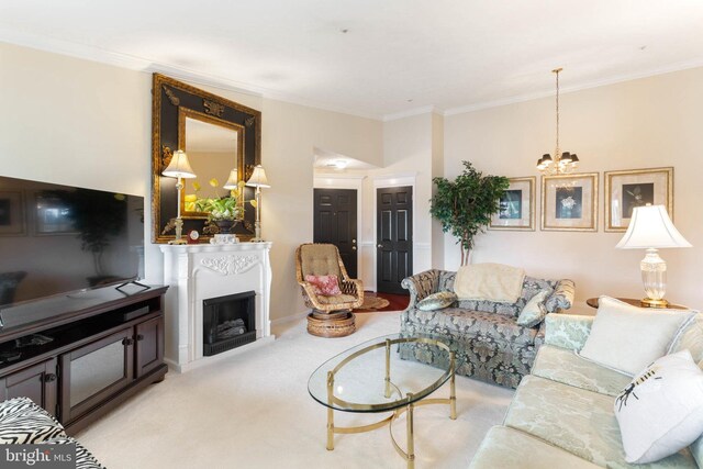 living room with light carpet, ceiling fan, a healthy amount of sunlight, and crown molding