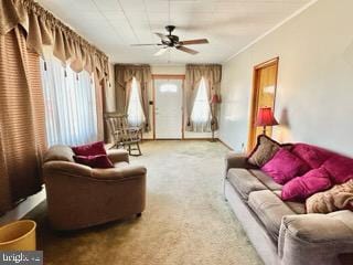 living room with carpet and ceiling fan