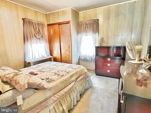 bedroom with wooden walls, light carpet, and a closet