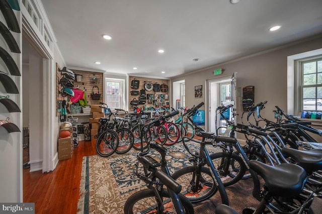 interior space featuring crown molding and hardwood / wood-style flooring