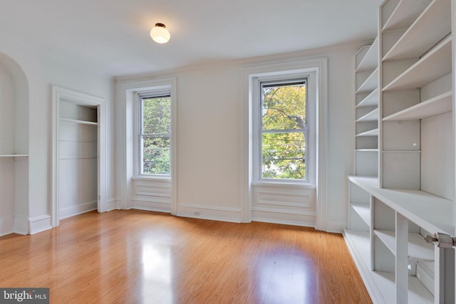 interior space with multiple windows and light hardwood / wood-style floors