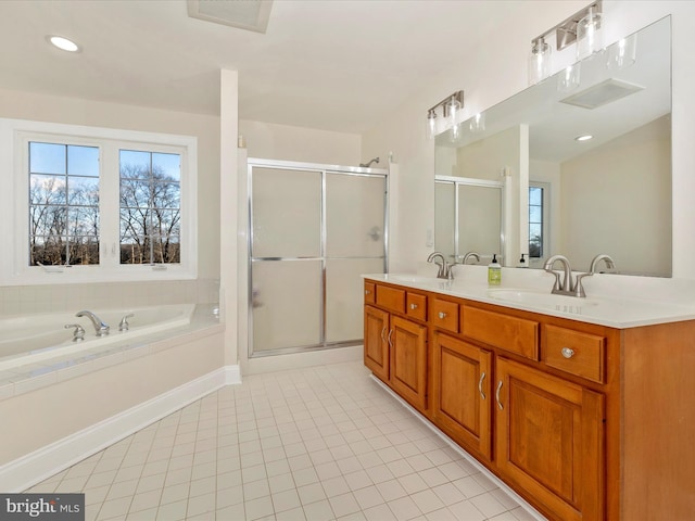 bathroom featuring separate shower and tub, tile patterned flooring, and vanity