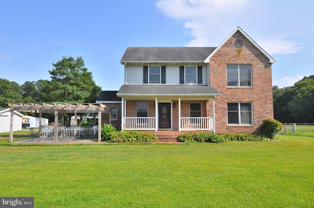 view of front of property with a front yard, a porch, and a pergola