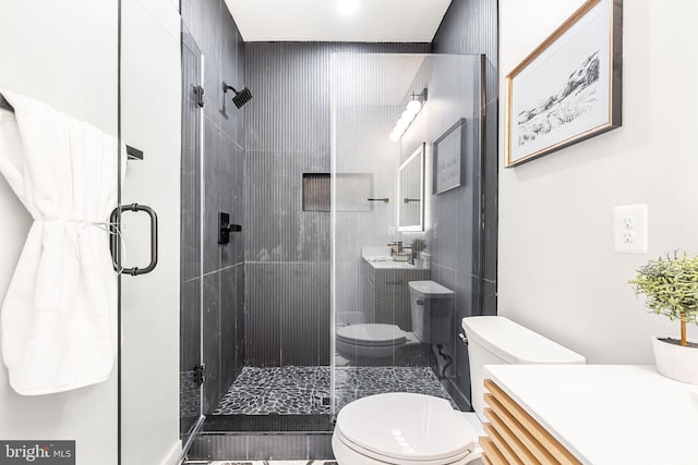 bathroom featuring vanity, toilet, and a shower with shower door