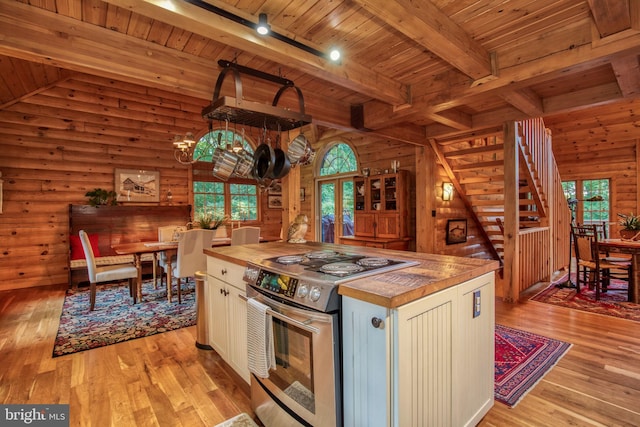 kitchen with stainless steel electric stove, light hardwood / wood-style flooring, wooden ceiling, and plenty of natural light