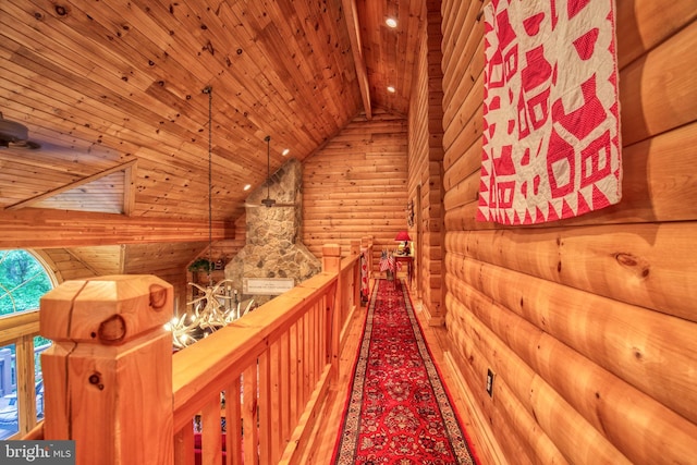 corridor featuring vaulted ceiling with beams, log walls, wood ceiling, and hardwood / wood-style flooring