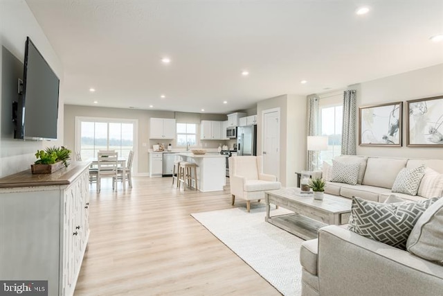 living room with light hardwood / wood-style flooring