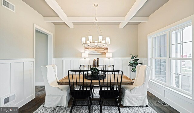 dining room with coffered ceiling, beamed ceiling, an inviting chandelier, and dark wood-type flooring