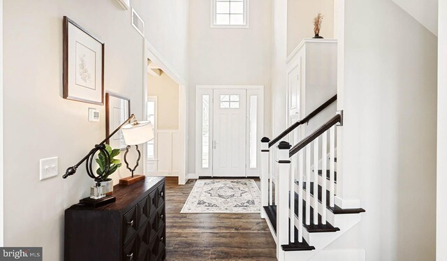 entrance foyer featuring dark hardwood / wood-style floors and high vaulted ceiling