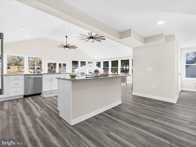 kitchen with dishwasher, white cabinetry, a wealth of natural light, and dark hardwood / wood-style floors