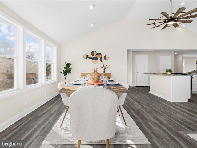 dining space featuring dark hardwood / wood-style flooring, ceiling fan, and vaulted ceiling