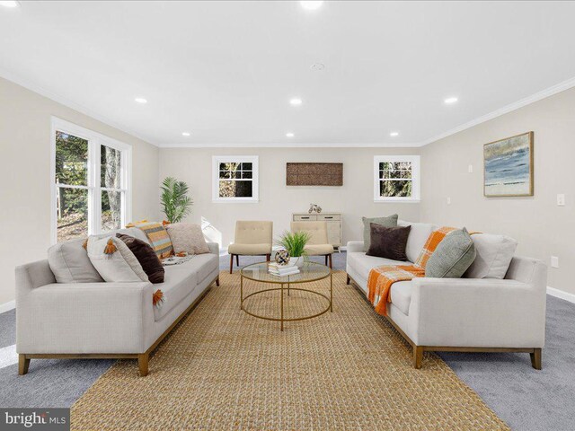 living room with light carpet and ornamental molding