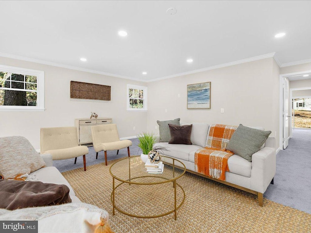 carpeted living room with a wealth of natural light and ornamental molding