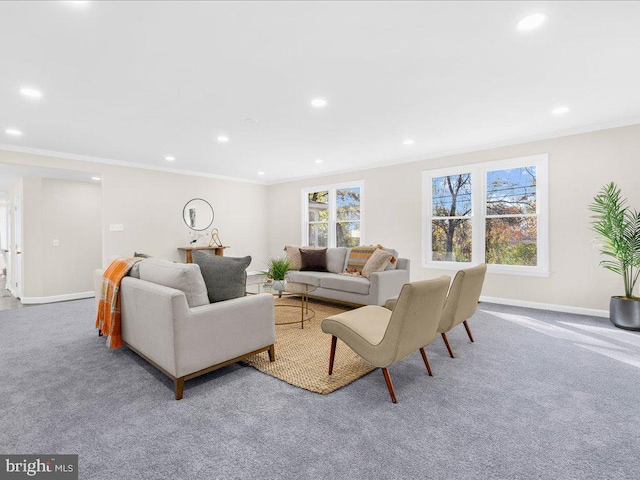 living room featuring light colored carpet and ornamental molding