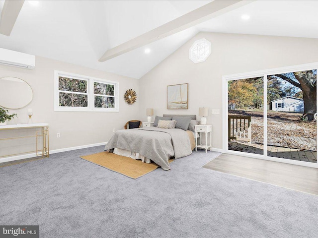 bedroom featuring access to outside, a wall unit AC, carpet floors, and high vaulted ceiling