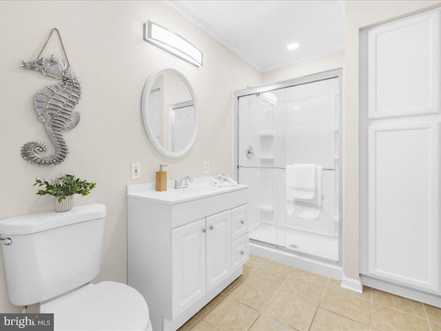 bathroom featuring toilet, vanity, an enclosed shower, and tile patterned flooring