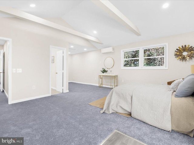 carpeted bedroom with a wall mounted AC and lofted ceiling with beams