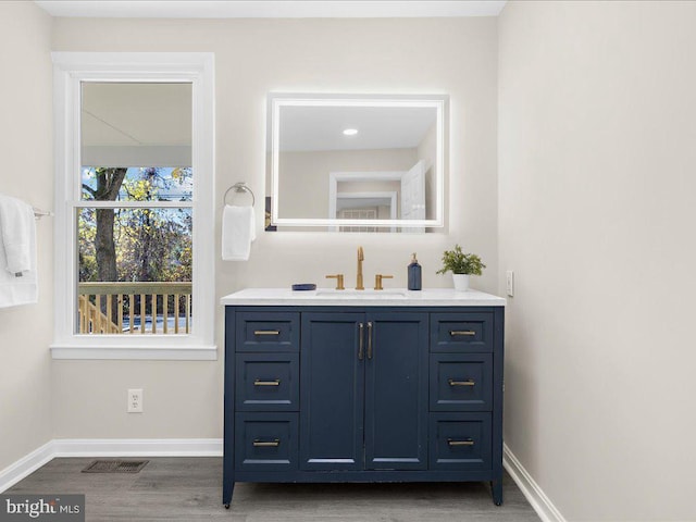 bathroom with hardwood / wood-style flooring and vanity