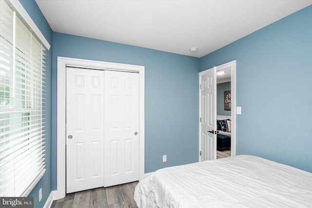 bedroom with wood-type flooring and a closet