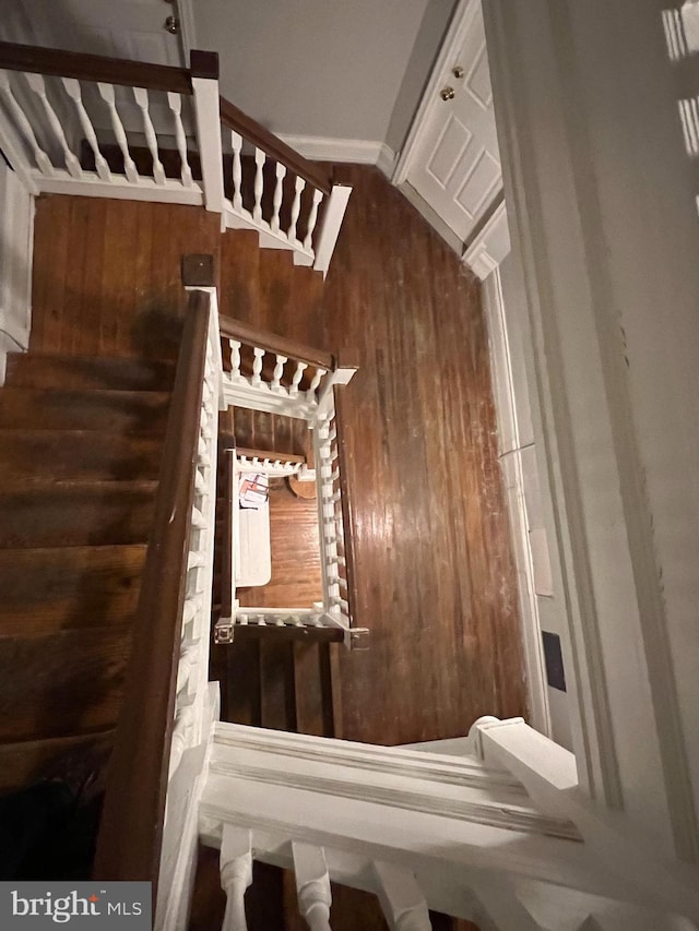 staircase with wood walls