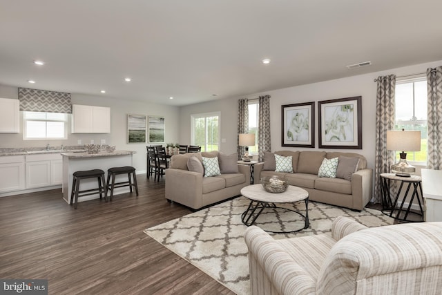 living room with dark wood-type flooring