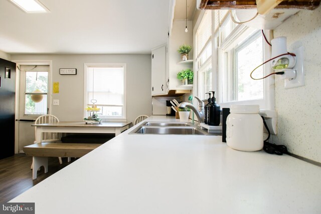 kitchen featuring dark hardwood / wood-style flooring, sink, and white cabinets