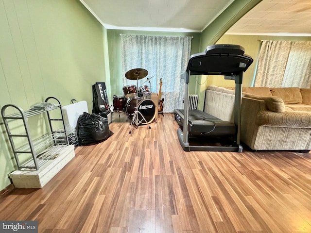 workout room featuring wood-type flooring and ornamental molding