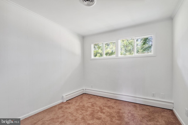 unfurnished room featuring crown molding, carpet flooring, and a baseboard radiator