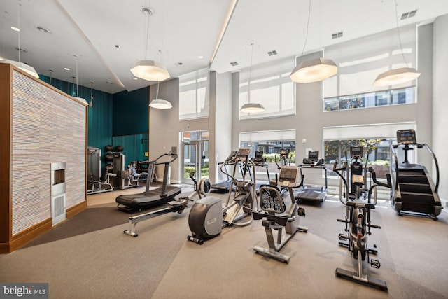 gym with a high ceiling and carpet floors