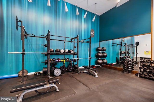 workout area featuring a high ceiling