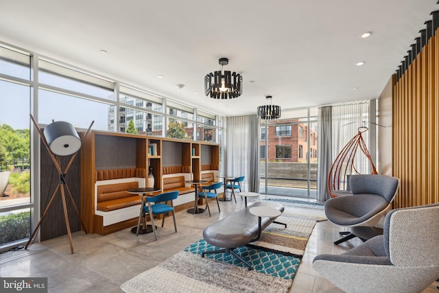 living room with a chandelier